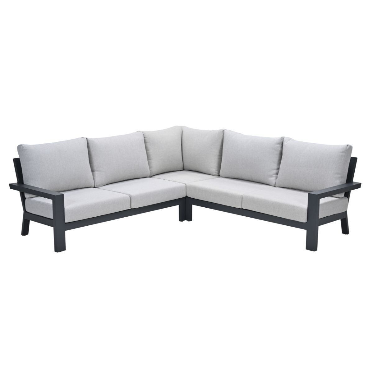 Gray sectional sofa with dark metal frame and cushions on a white background.