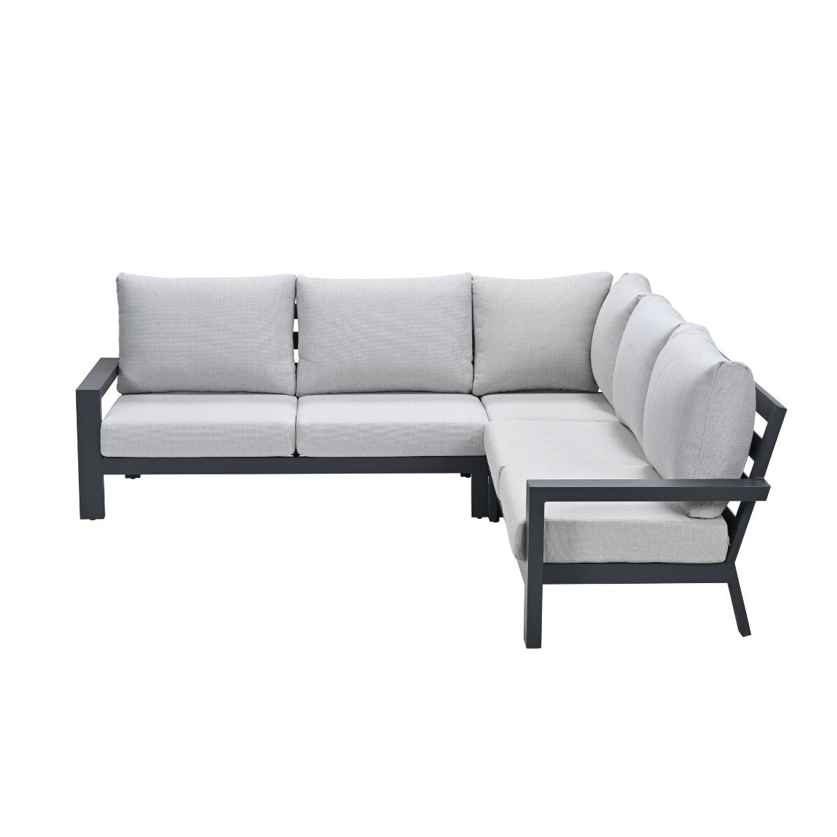 Light gray sectional sofa with a dark metal frame and thick cushions.