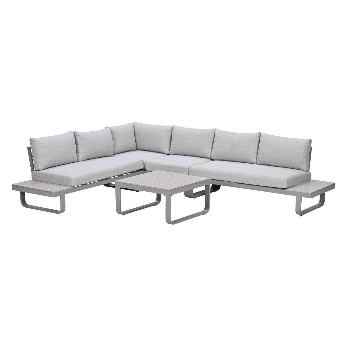 Gray sectional outdoor sofa with a coffee table.
