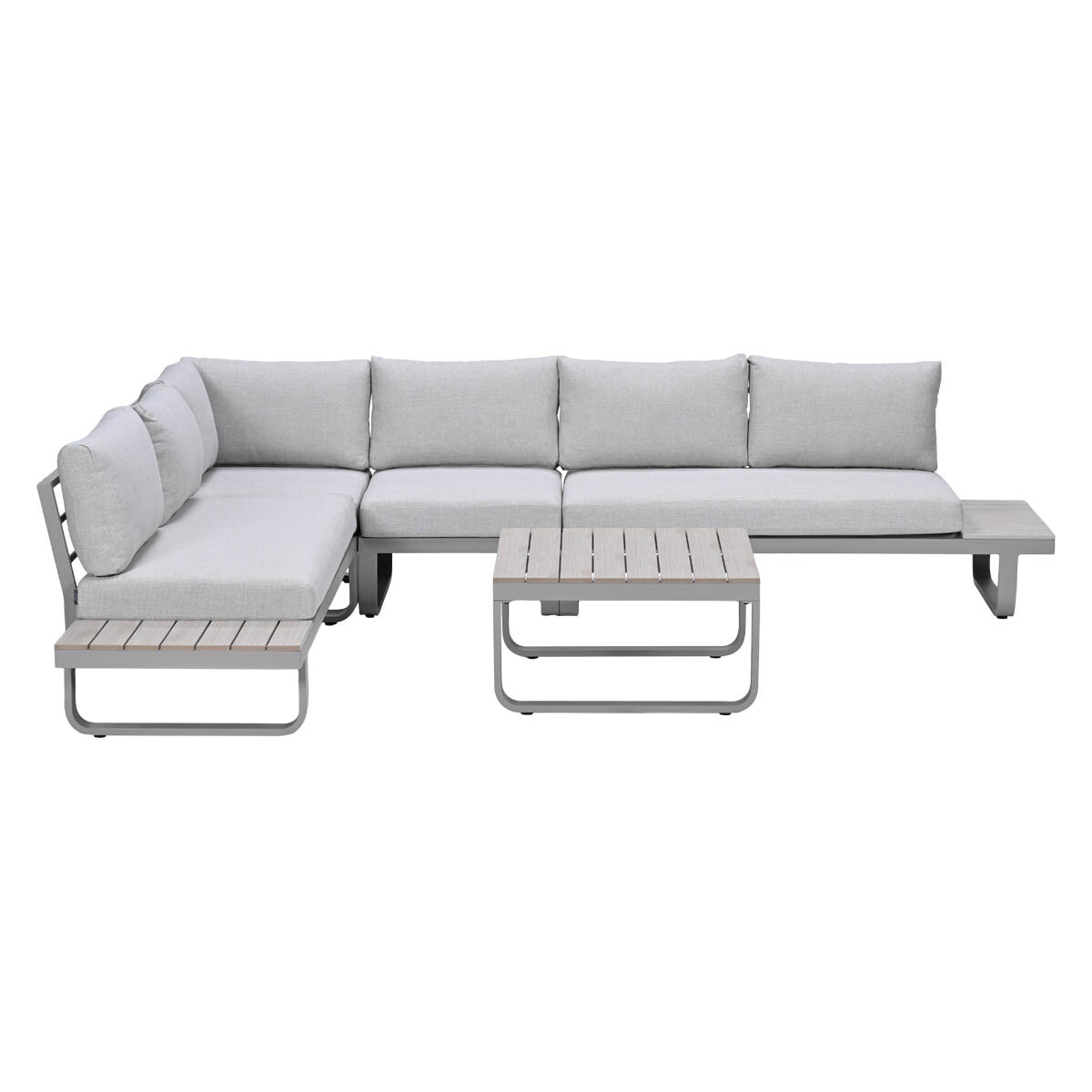 A grey sectional sofa with wood accents and a matching coffee table.
