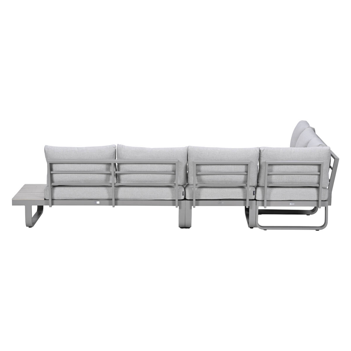 Gray sectional outdoor sofa with light gray cushions on a white background.