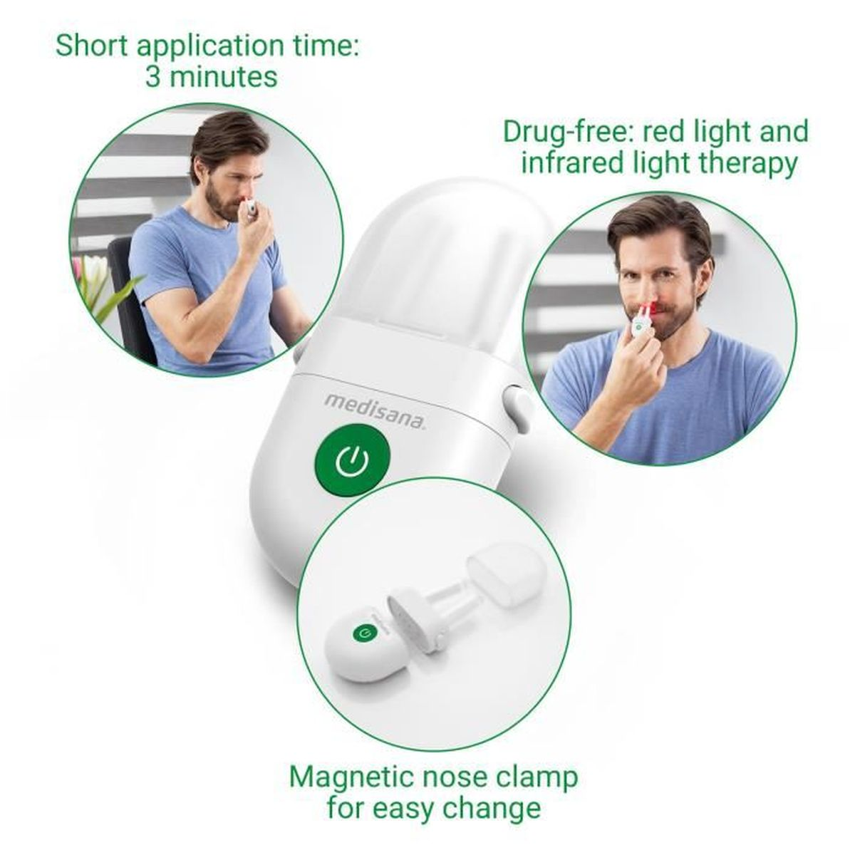 Dispositivo de fototerapia nasal Medisana con información y accesorios.