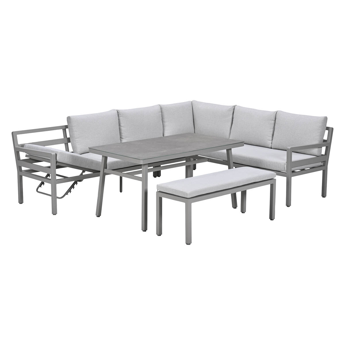 Grijze buitenmeubelset met hoekbank, tafel en bankje.