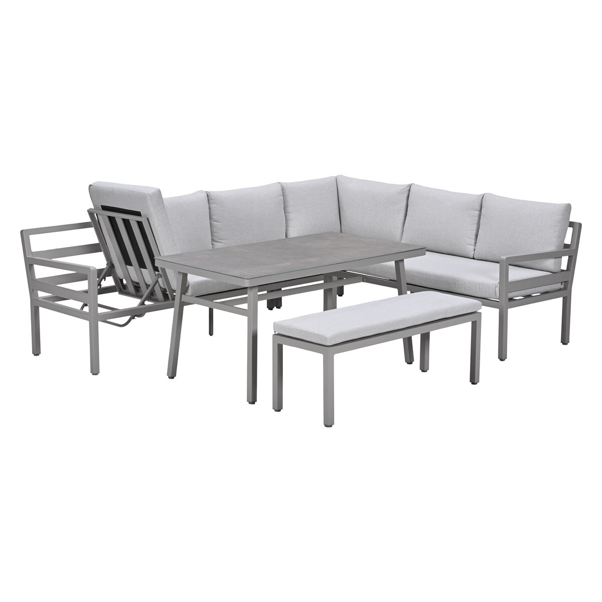 Grijze hoekbank met tafel en bankje, op witte achtergrond.