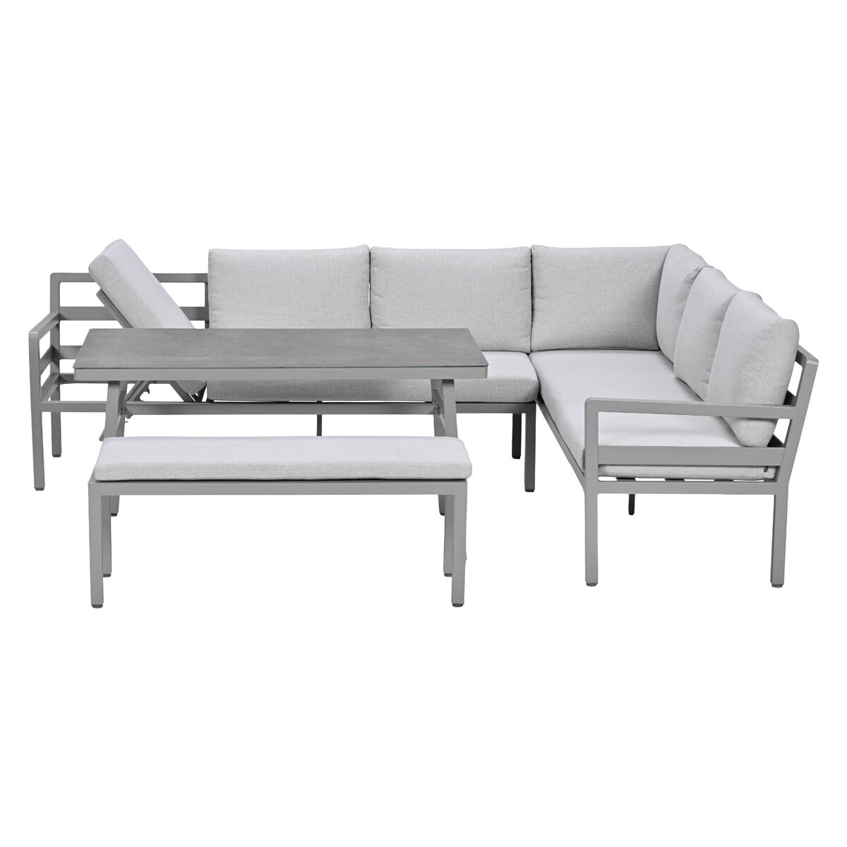 Grijze loungeset met tafel en bankje.