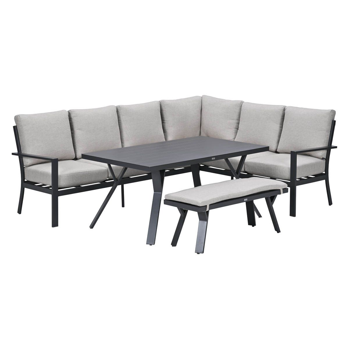 Een hoekbank met tafel en bank, donkergrijs metalen frame, lichtgrijs kussen.