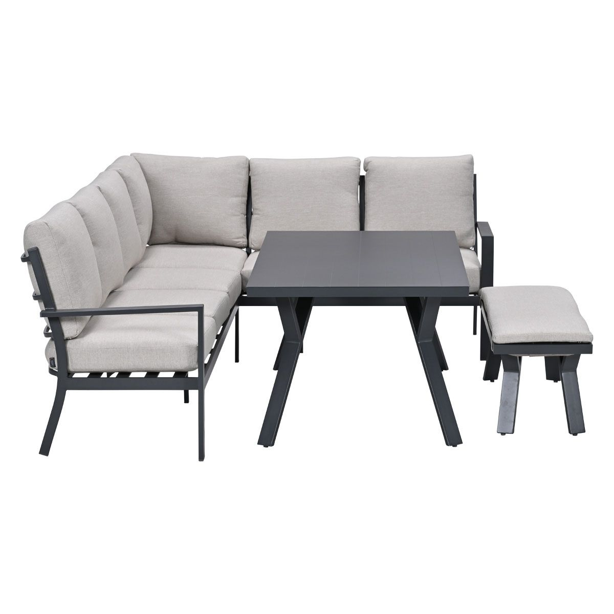 Grijze lounge set voor buiten met tafel en kruk.