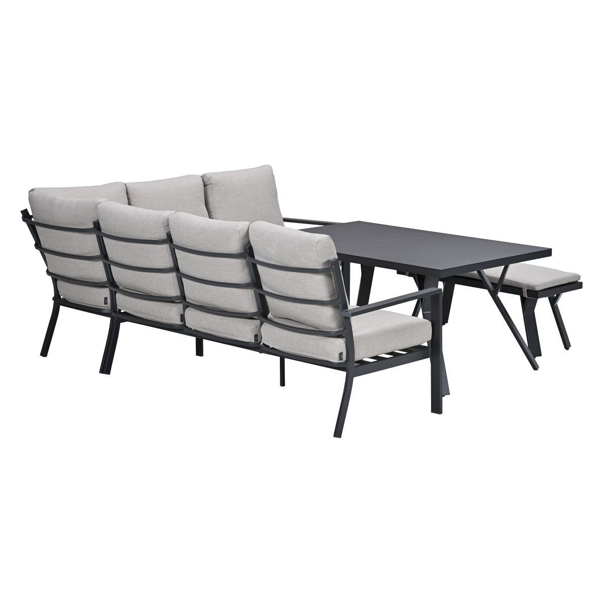 Een grijze tuinbank met tafel en bankje op witte achtergrond.
