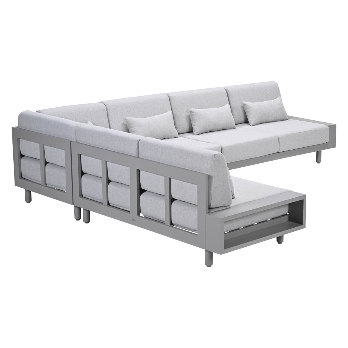 Gray sectional sofa with aluminum frame and light gray cushions.