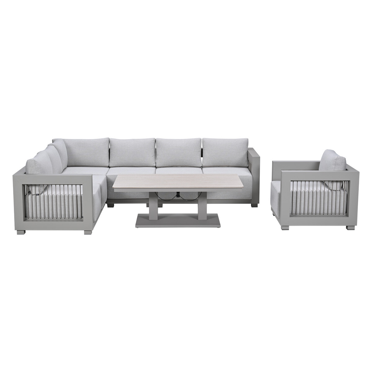 Grijze hoekbank met tafel en fauteuil.