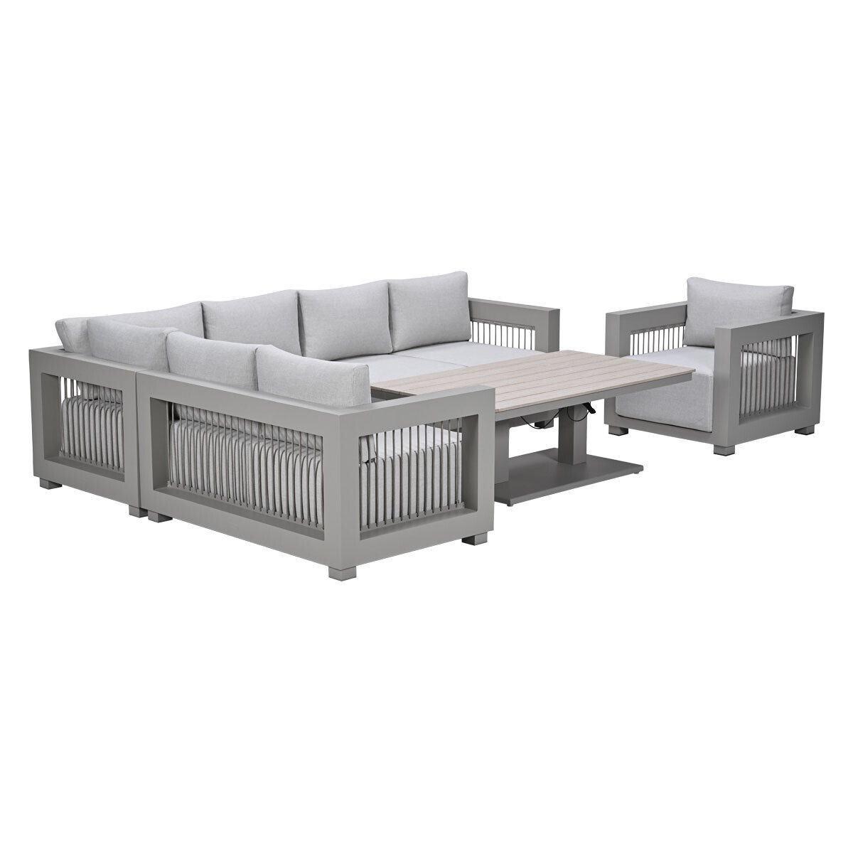 Grijze buitenmeubelset met hoekbank, fauteuil en houten salontafel.