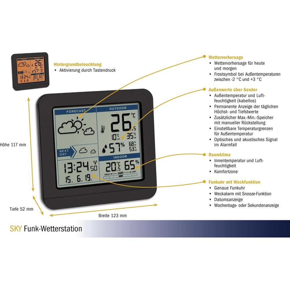 Digitale Wetterstation zeigt Außentemperatur 26°C, Innentemperatur 20°C, Datum 15.6.19.