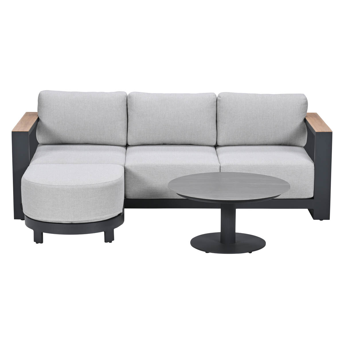 Gray sectional sofa with ottoman and low coffee table against a white background.
