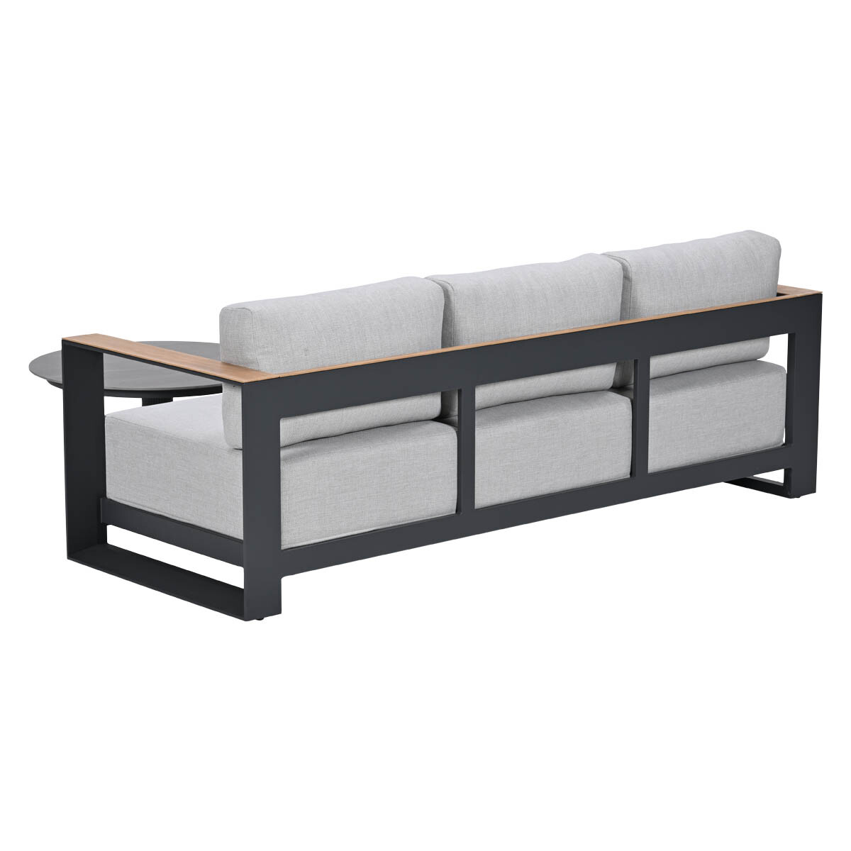 Gray sofa with dark metal frame and wood accents, with side table.