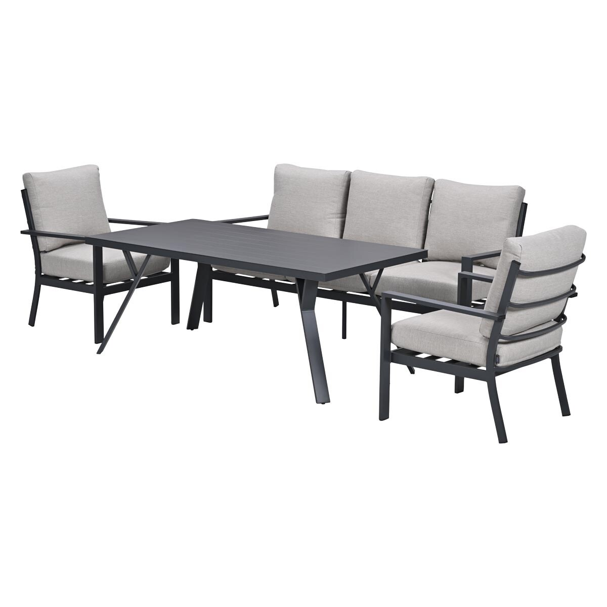 Grijze buiten-tafelset met bank en twee fauteuils, gestoffeerd.