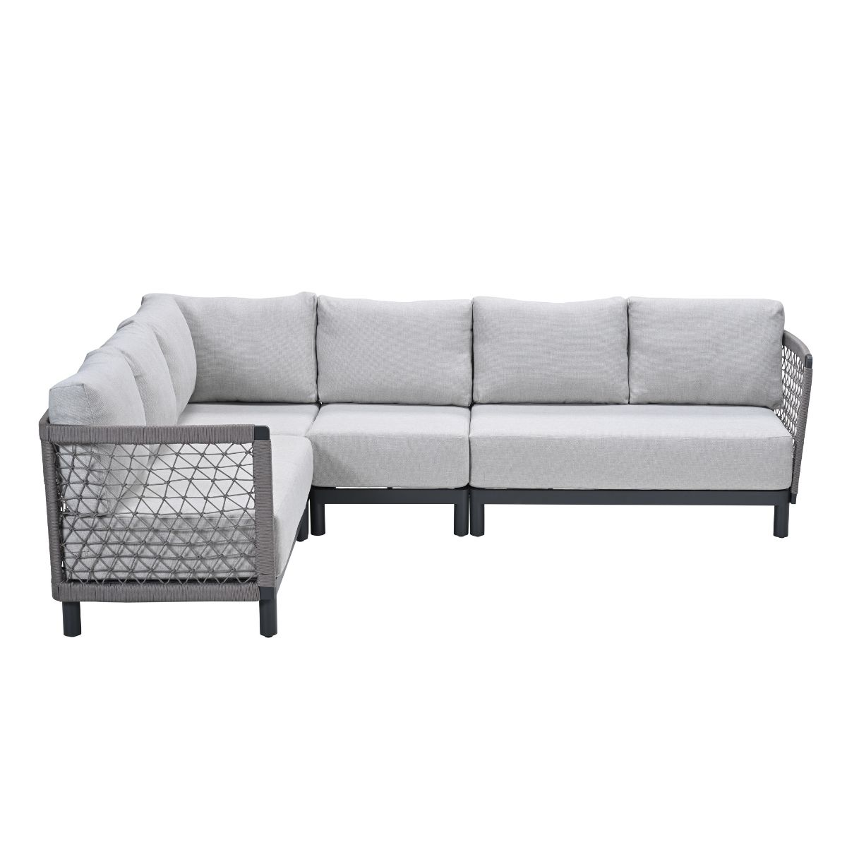 Gray sectional sofa with black legs and woven armrests.