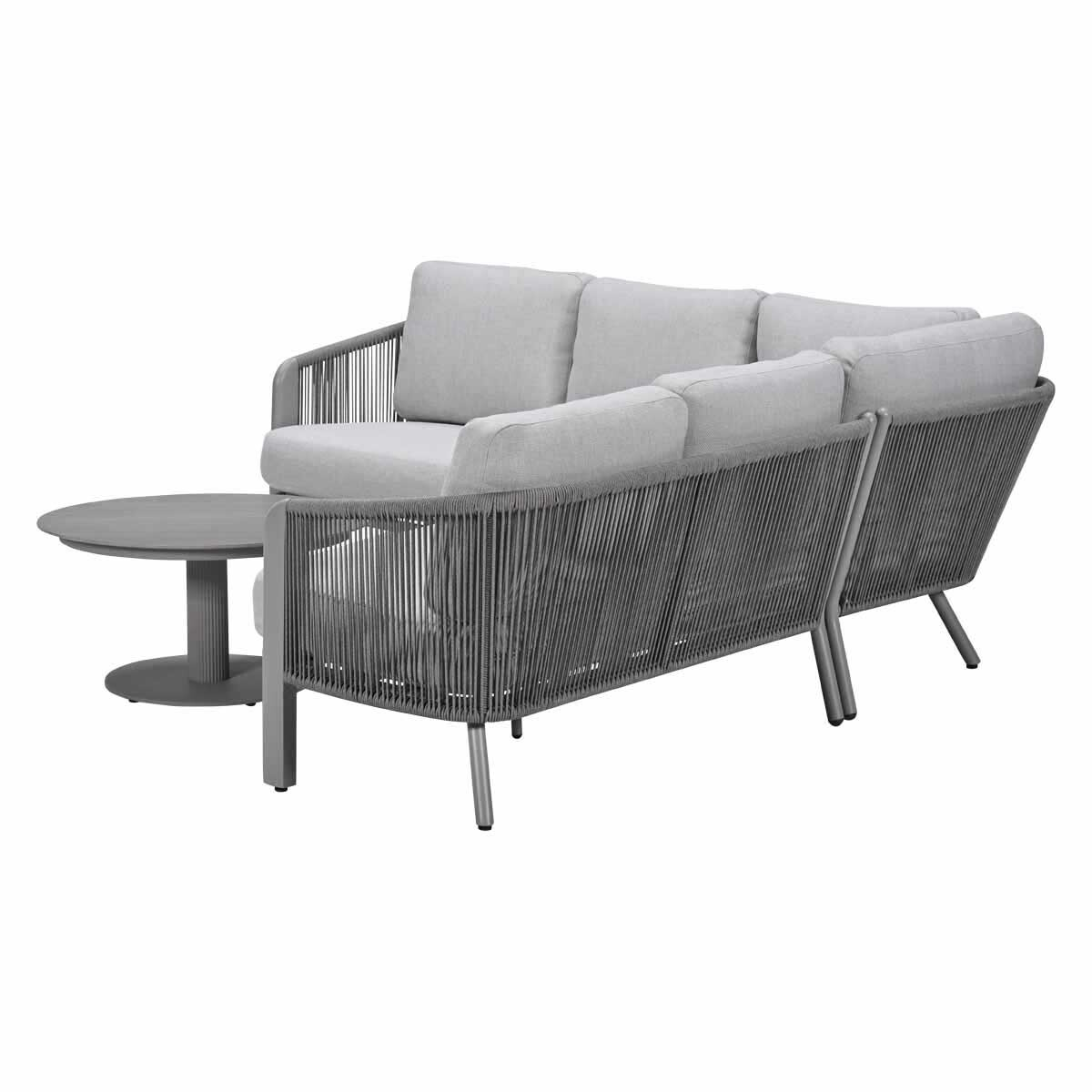 Gray outdoor sofa with rope weave and matching round table.