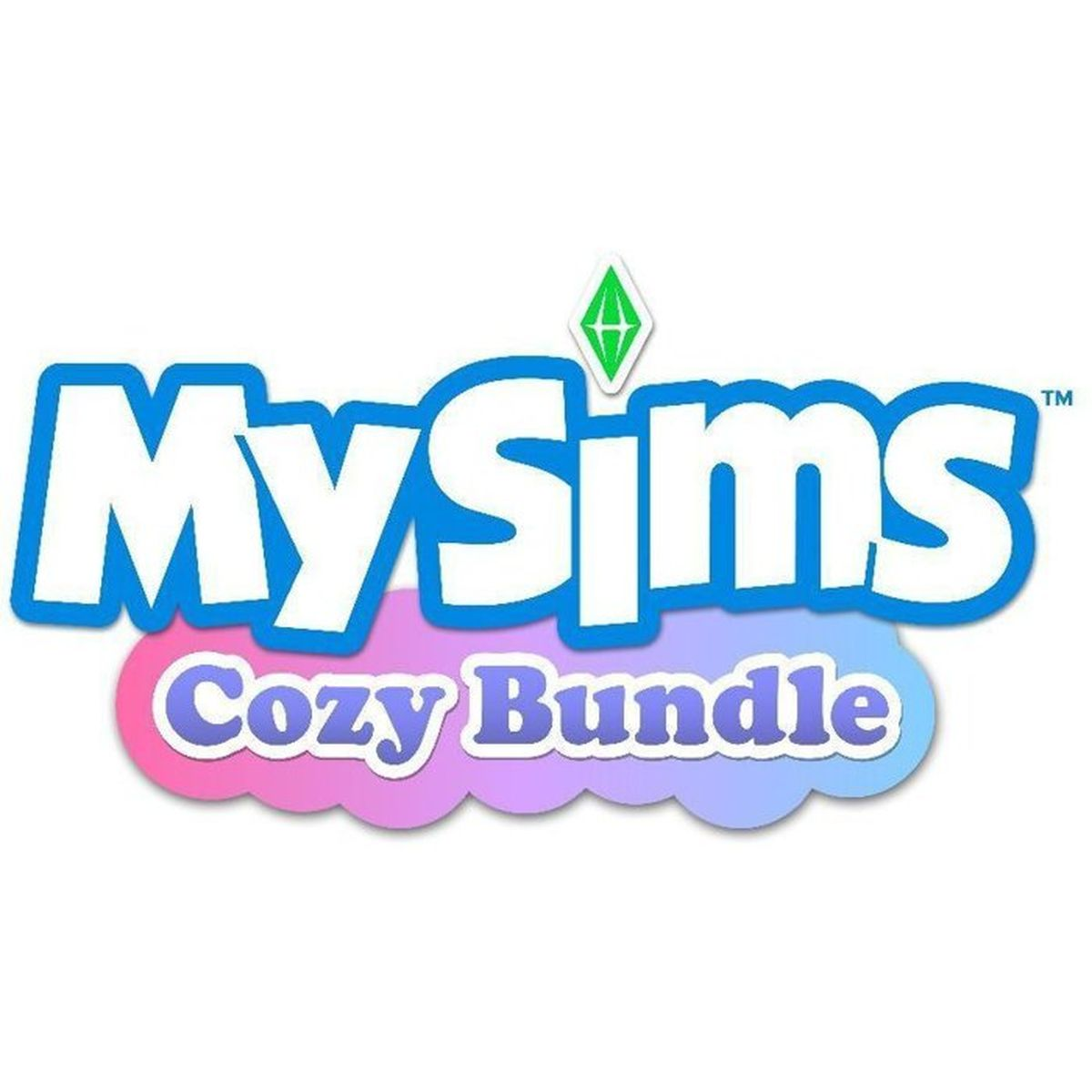 Logo MySims Cozy Bundle con testo blu e icona diamante verde.