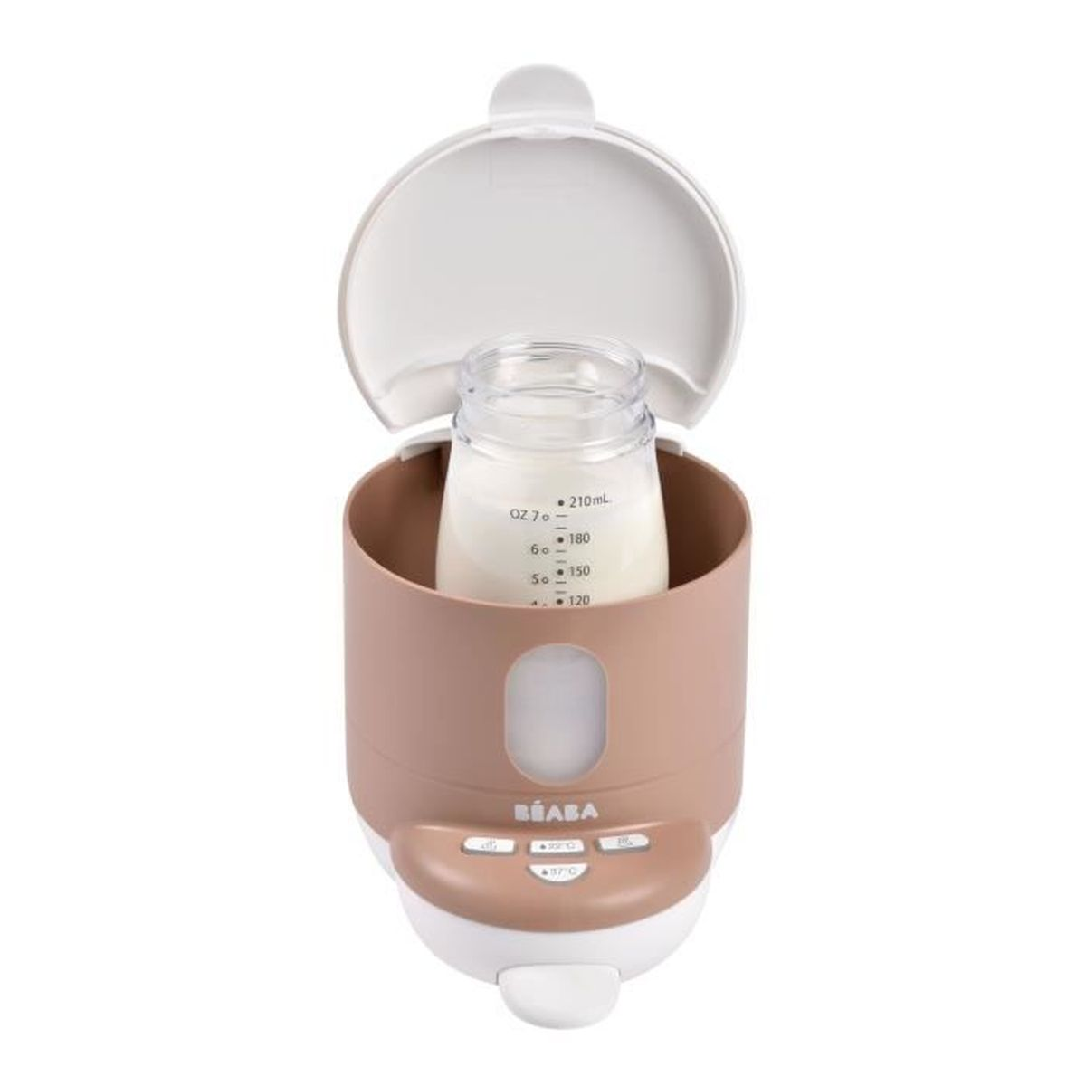 Ein Babyflaschenwärmer in Rosa und Weiß mit einer gefüllten Flasche.