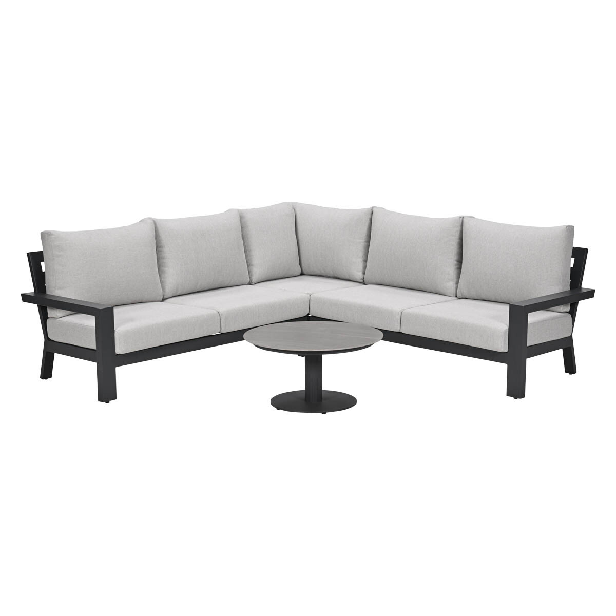 Gray sectional sofa with black arms and a round coffee table.
