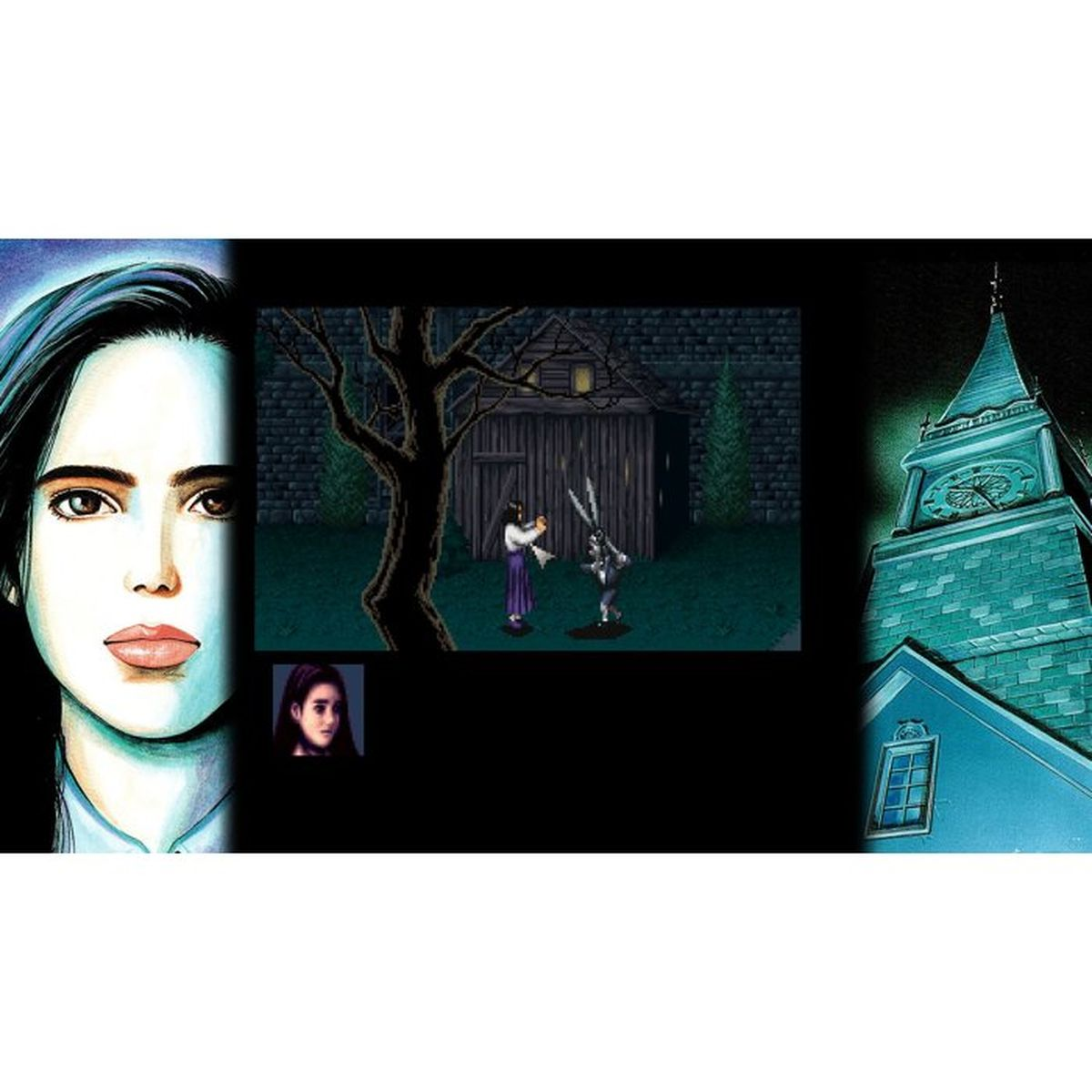 Eine Illustration eines Gesichts, ein Spielszene und ein Uhrenturm.