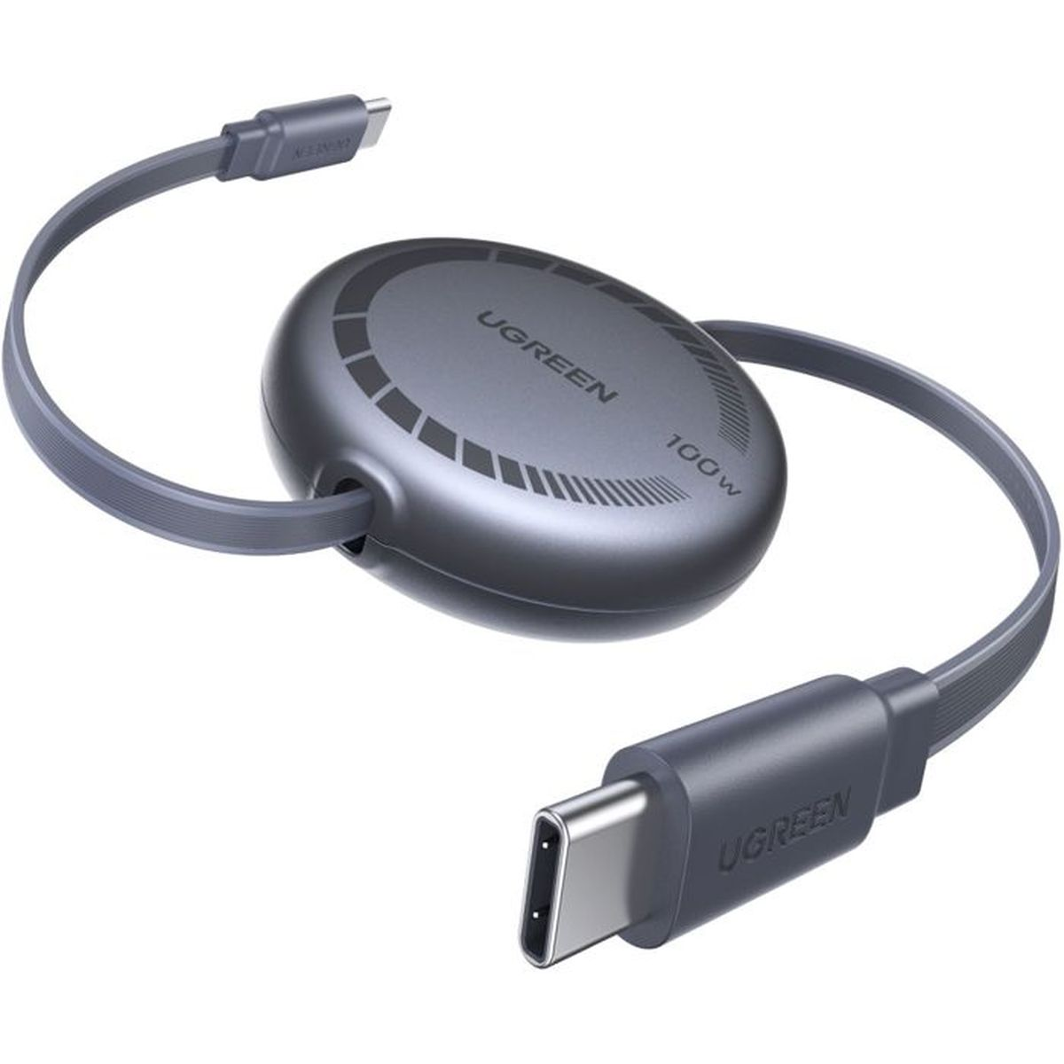 Szary kabel USB-C ze zintegrowaną zwijarką i oznaczeniem 100W.
