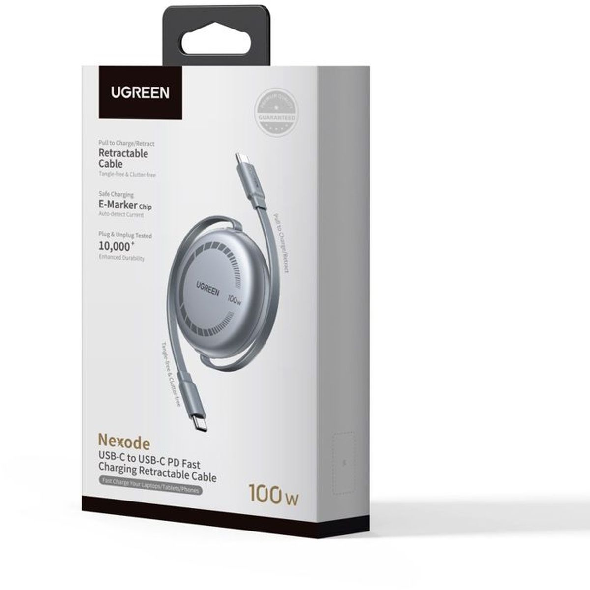 UGREEN Nexode 100W kabel USB-C w kolorze srebrnym, zwijany i bezplączący się.