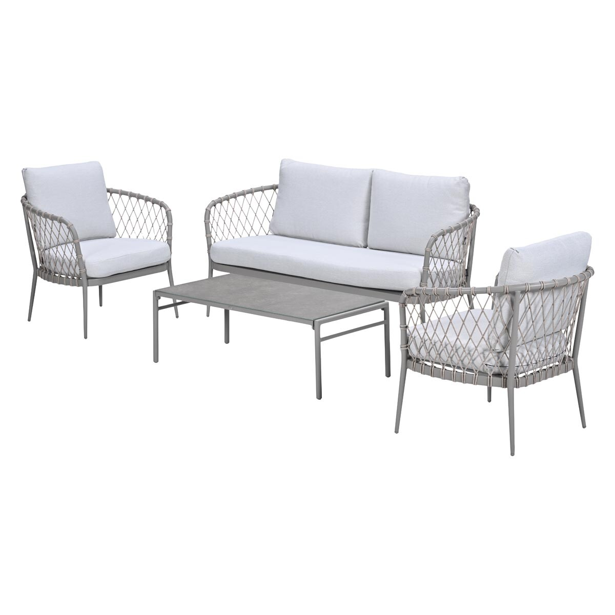 Grey outdoor sofa, two armchairs, and a coffee table with stone top.
