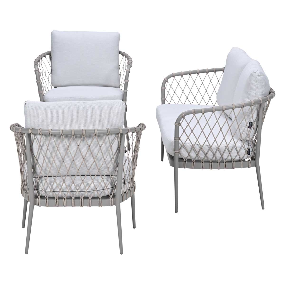 Two grey woven armchairs with white cushions, set against a white background.