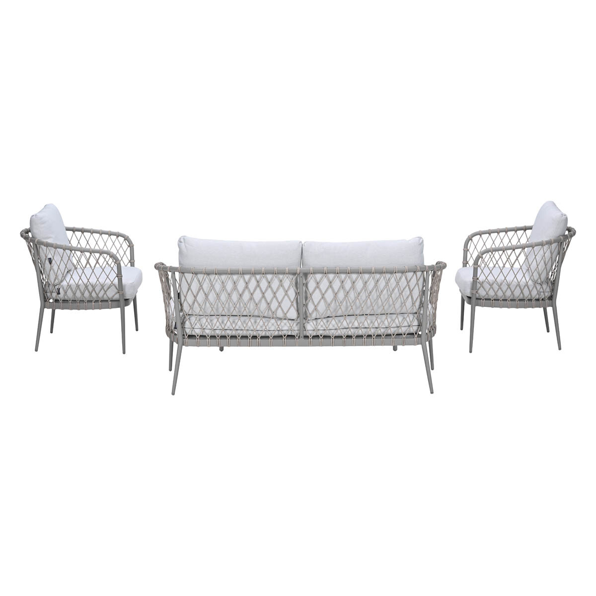 Gray two-seater sofa and two armchairs with white cushions on a white background.