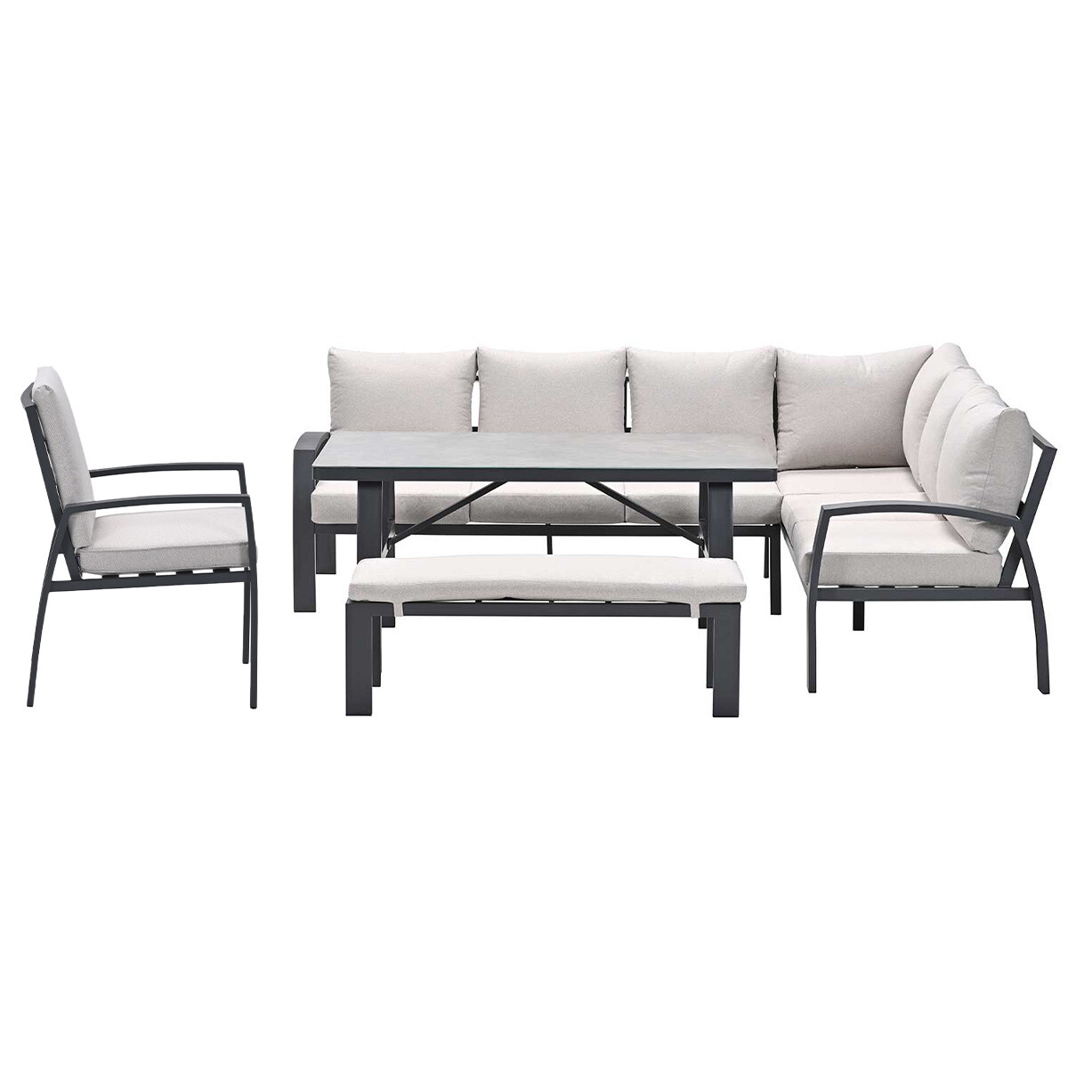 Grijze buitenmeubelset met tafel, hoekbank, bankje en stoel.