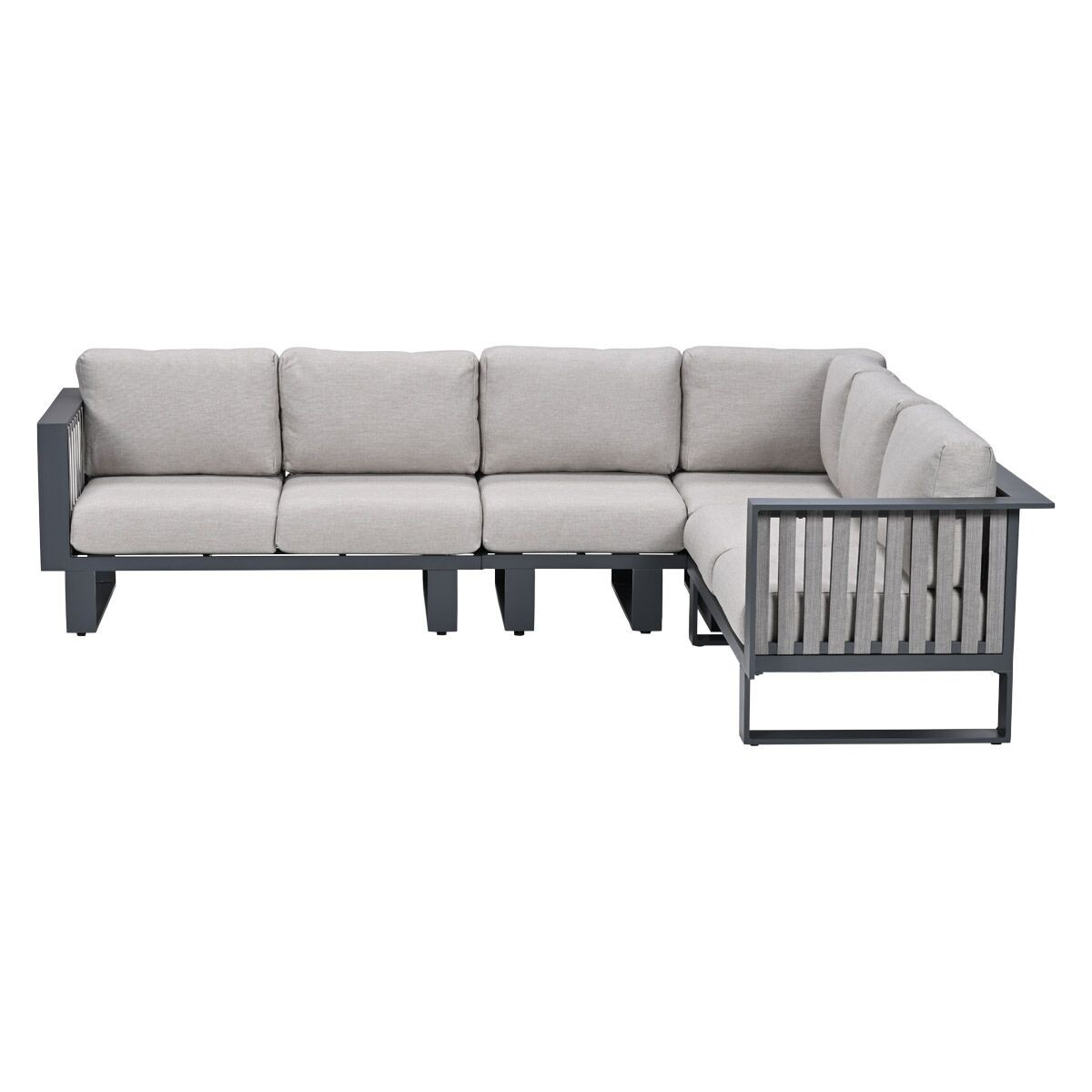 Gray sectional outdoor sofa with light cushions and a metal frame.