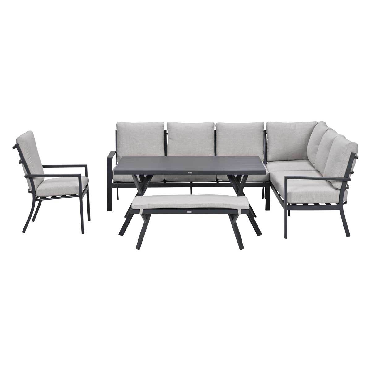 Tuinmeubelset met tafel, hoekbank, bankje en stoel in grijs en zwart.