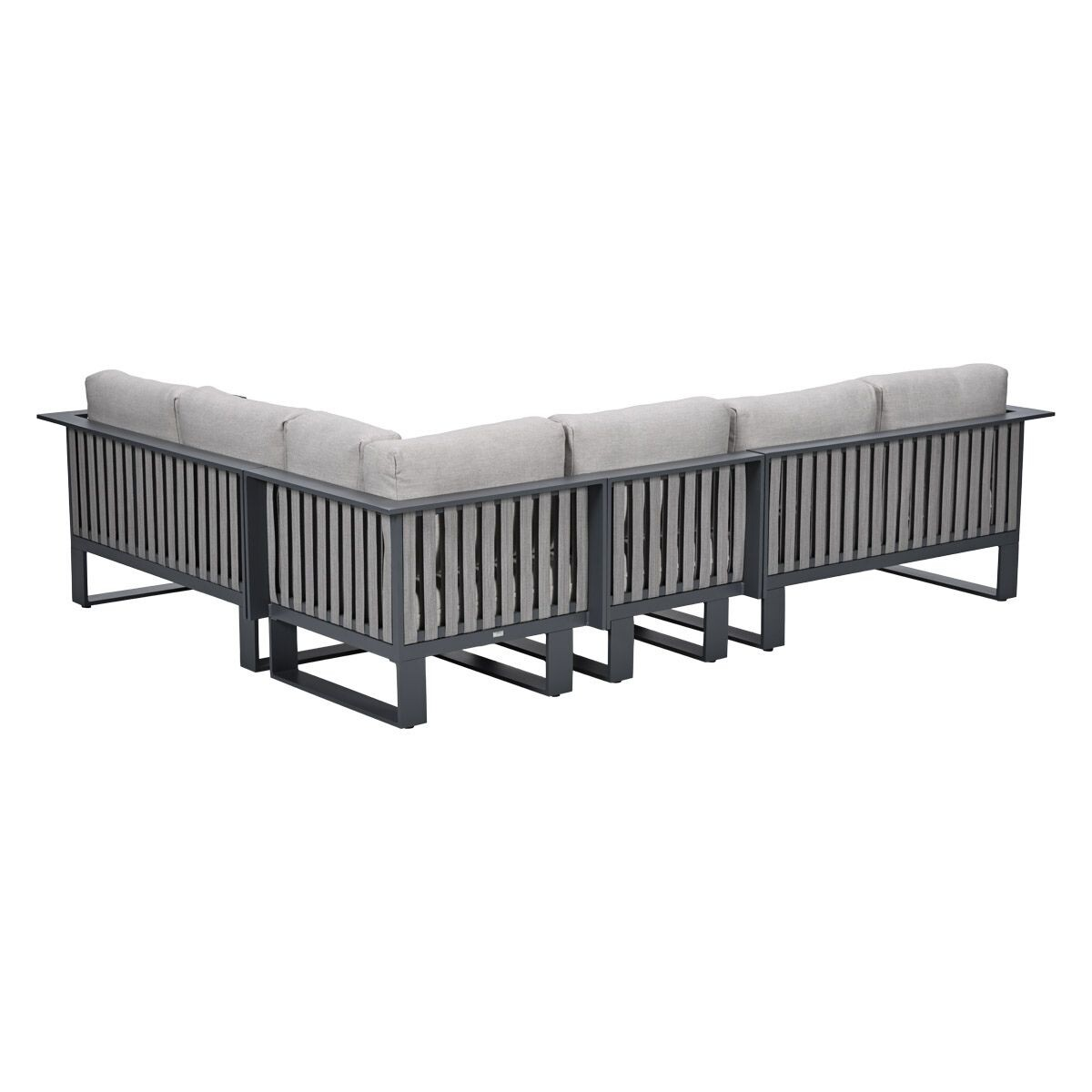 Gray sectional sofa with metal frame and vertical slats.