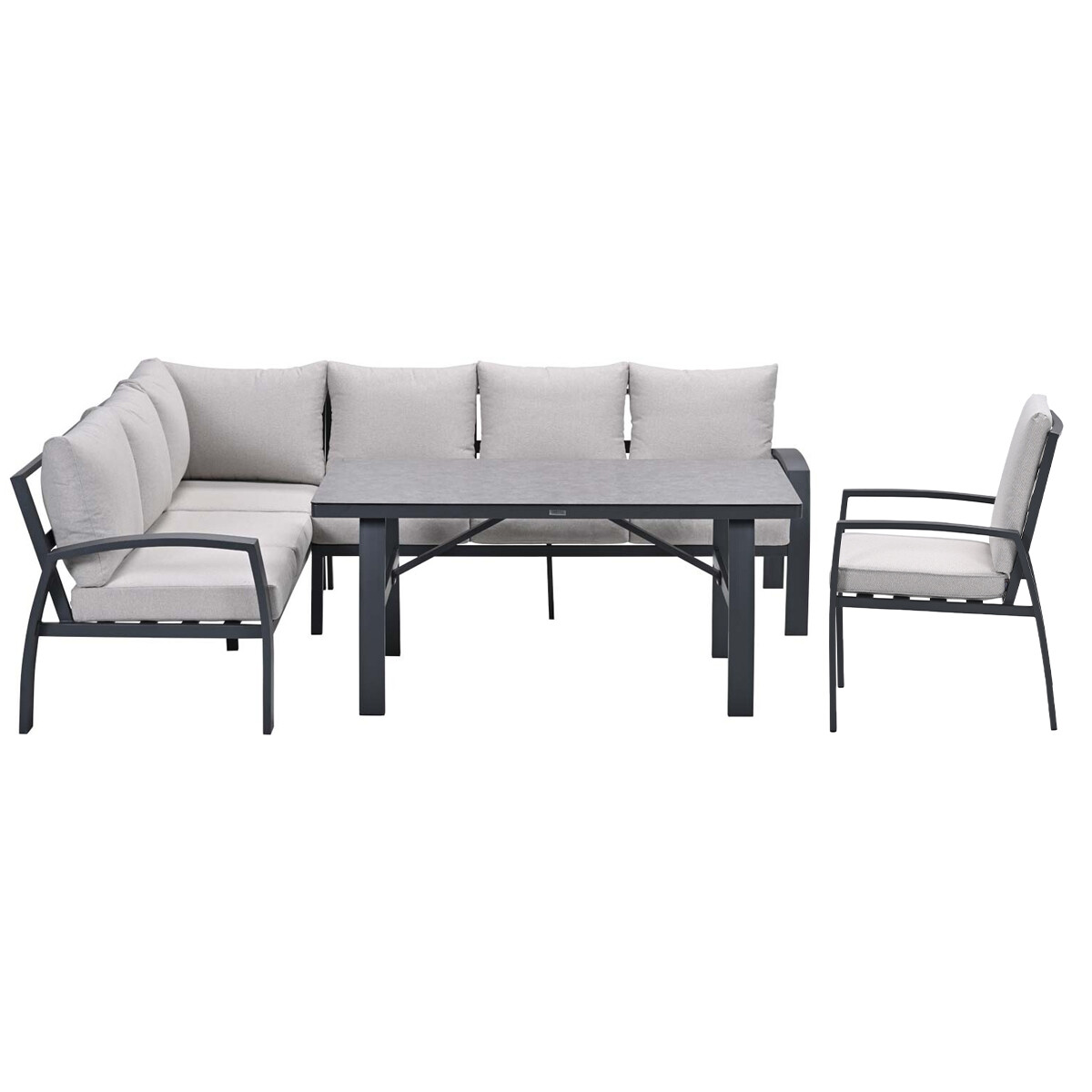 Een L-vormige bank en een tafel met twee stoelen op witte achtergrond.
