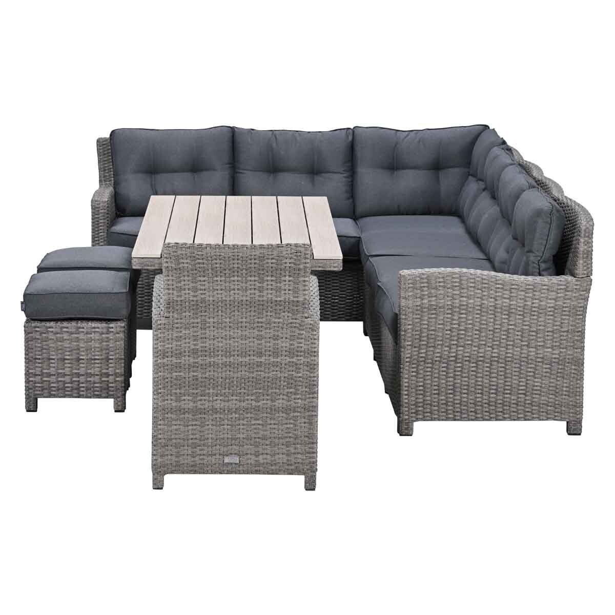 Grijze rotan lounge set met tafel en bijzettafel, wit houten blad.