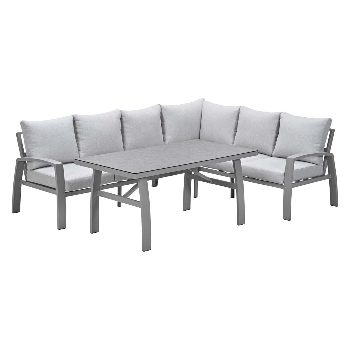 Grijze hoekbank met tafel, witte kussens.