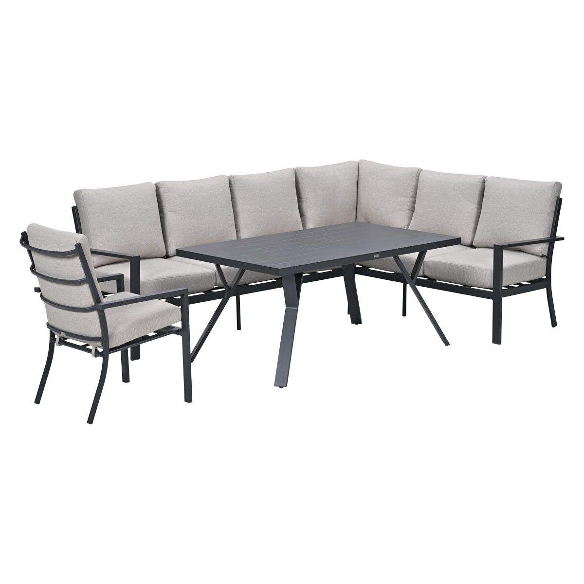 Grijze hoekbank met tafel en fauteuil, gestoffeerd.