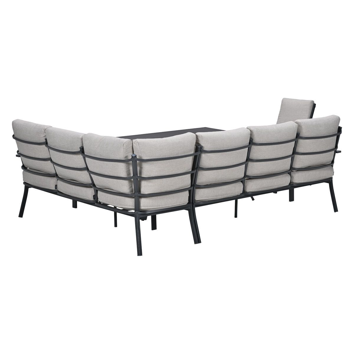 Grijze hoekbank met zwart metalen frame en tafel, van achteren gezien.