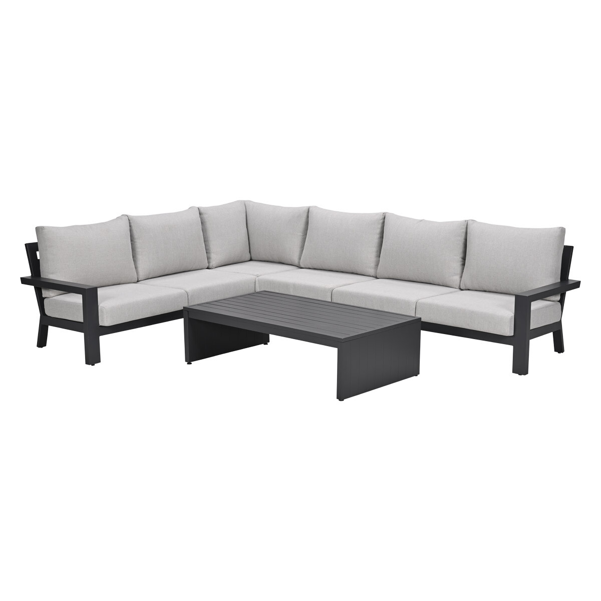 A gray sectional sofa with a rectangular black metal coffee table.