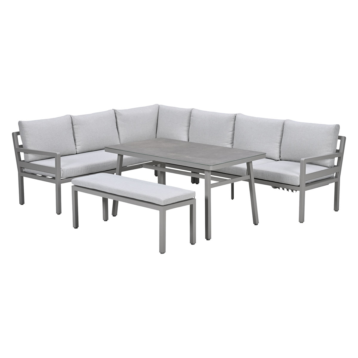 Grijze tuinmeubelset met hoekbank, tafel en bankje.