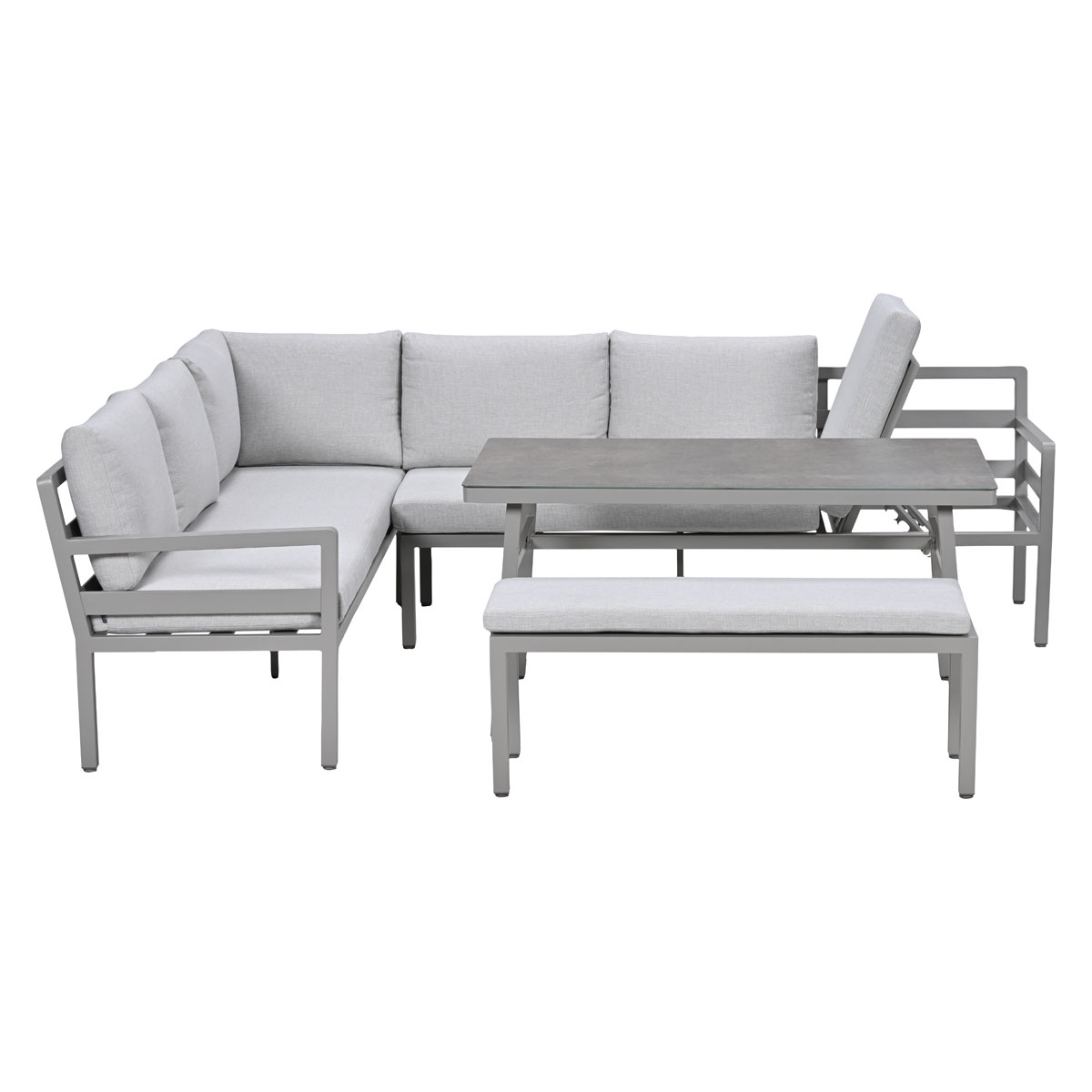 Grijze buitenbank met tafel en bankje op witte achtergrond.