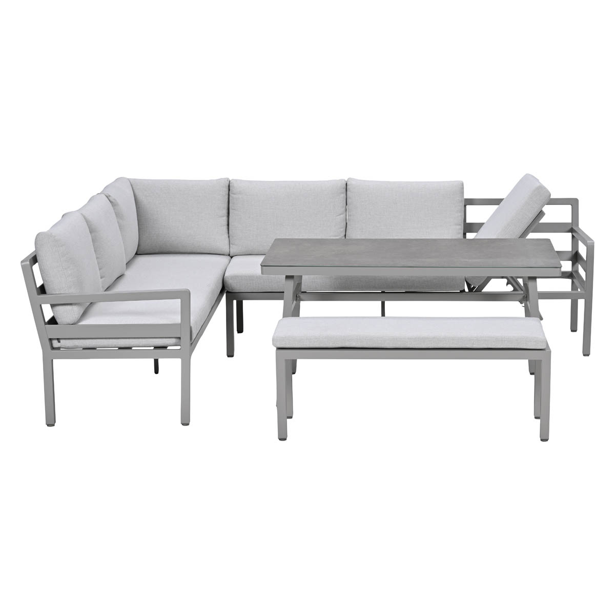 Grijze buitenhoekbank met tafel en bank op witte achtergrond.