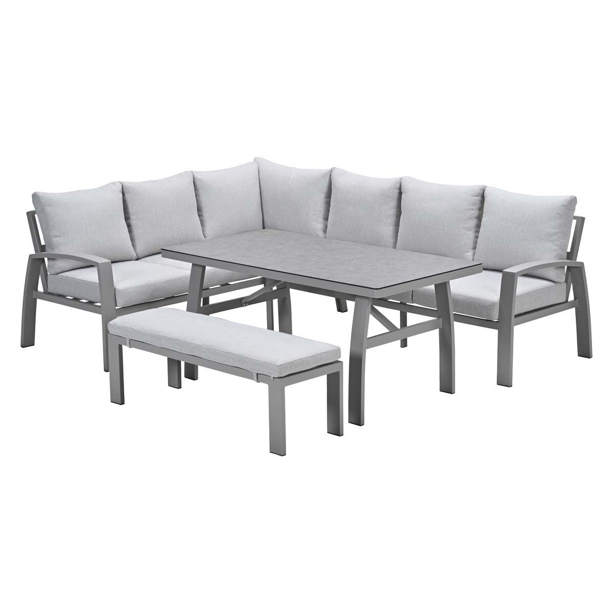 Grijze hoekbank buiten met tafel en bankje.