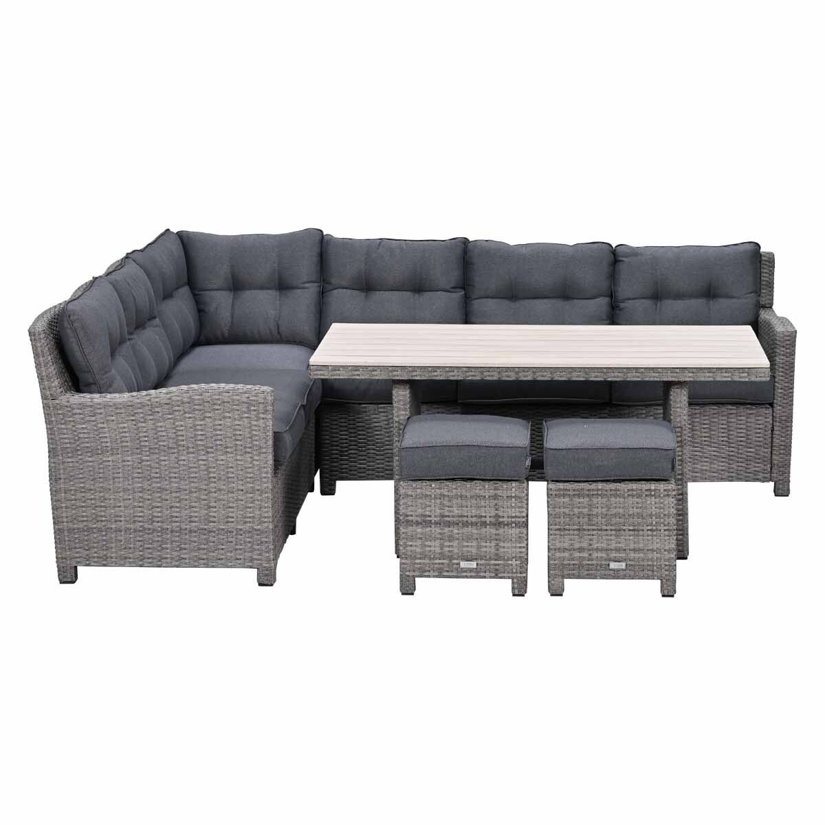 Grey rattan corner sofa with table and stools