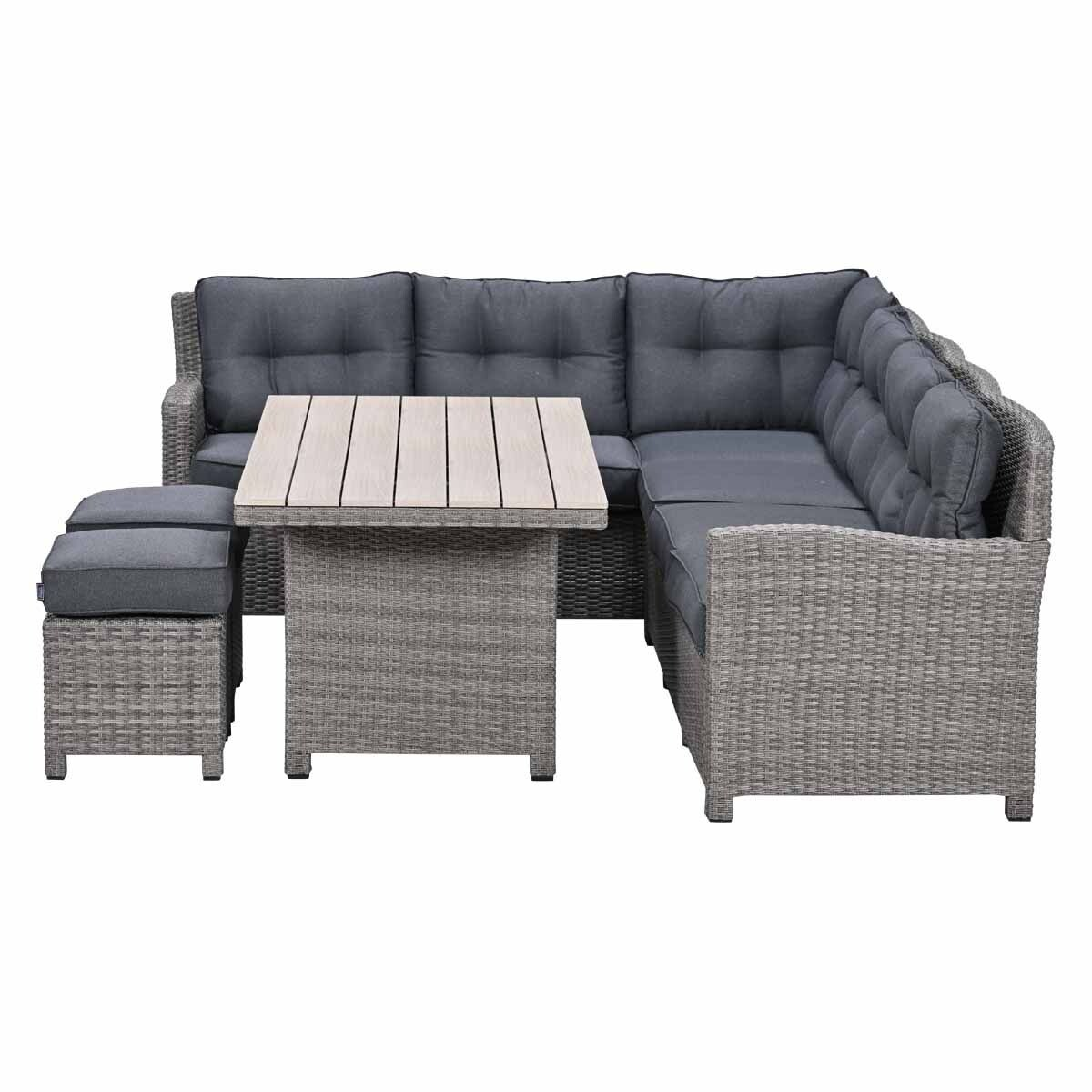 Gray rattan corner sofa with table and ottoman, light wood tabletop.