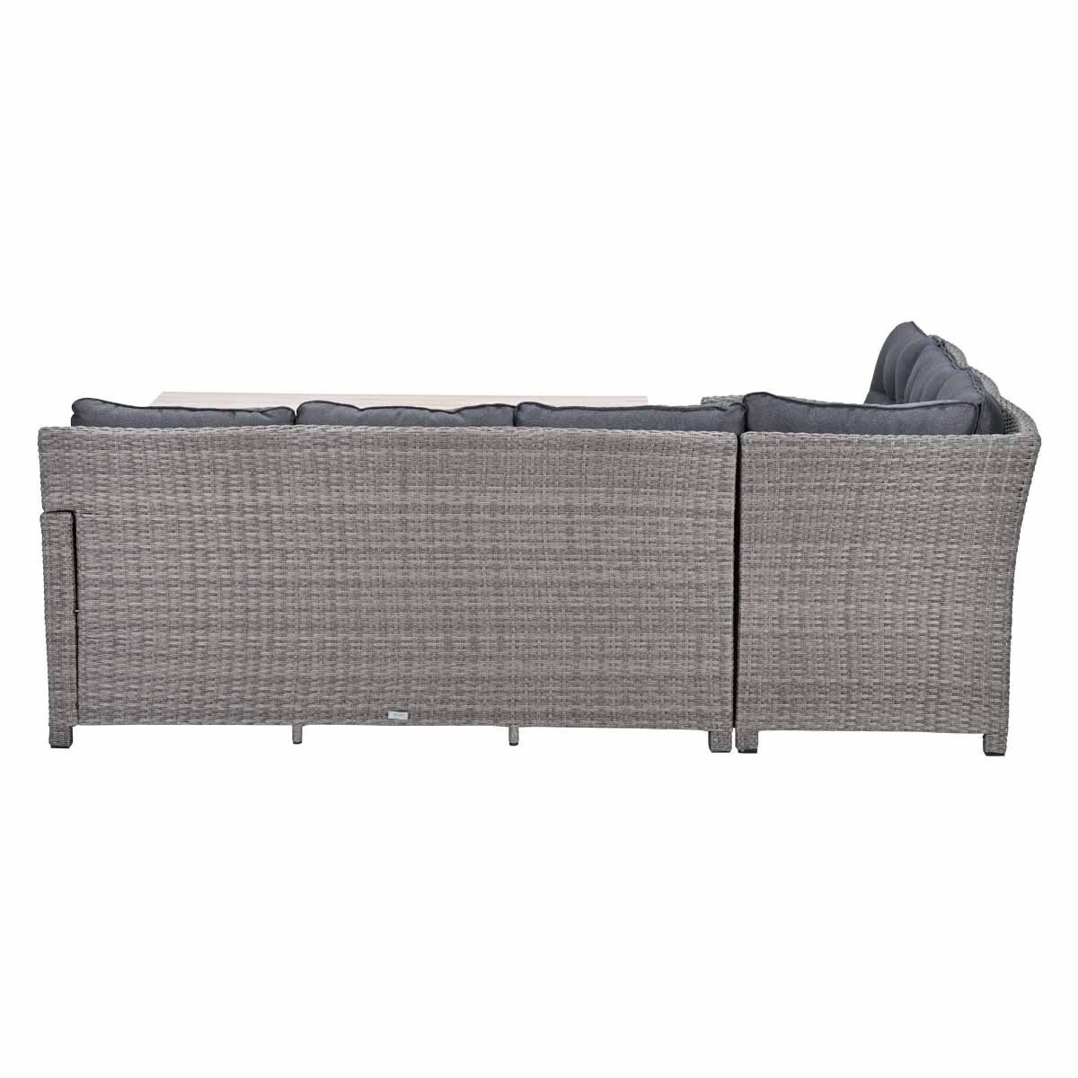 Gray rattan sectional sofa with dark gray cushions and tabletop.