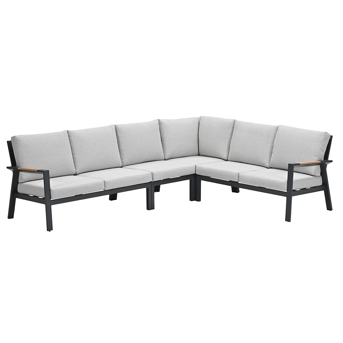 Grijze hoekbank voor buiten met zwart metalen frame.