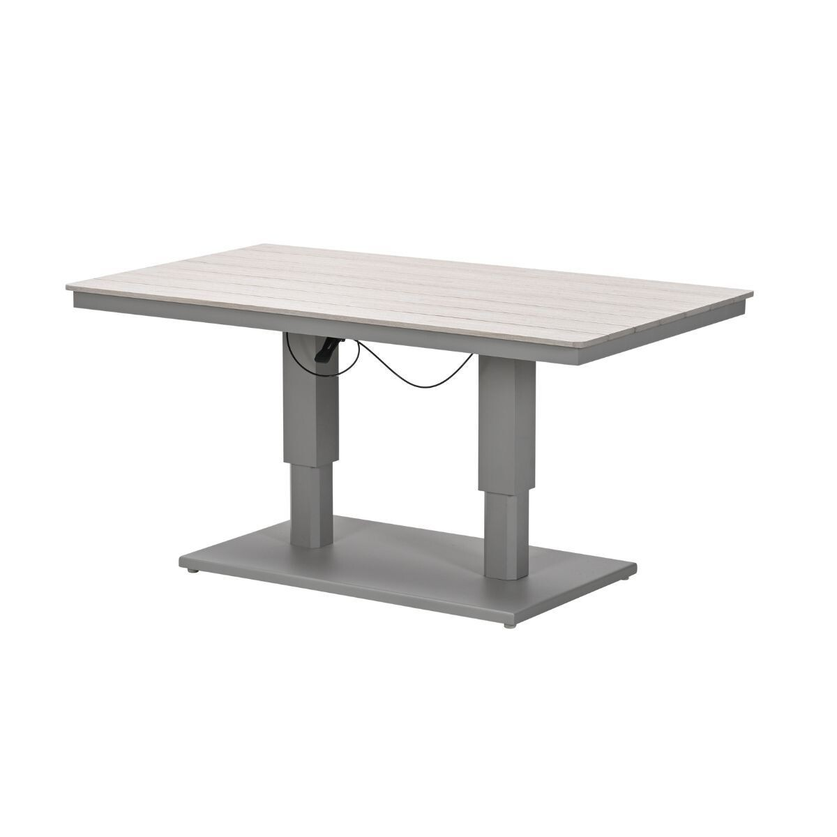 A height-adjustable table with gray legs and a light gray wood-effect top.