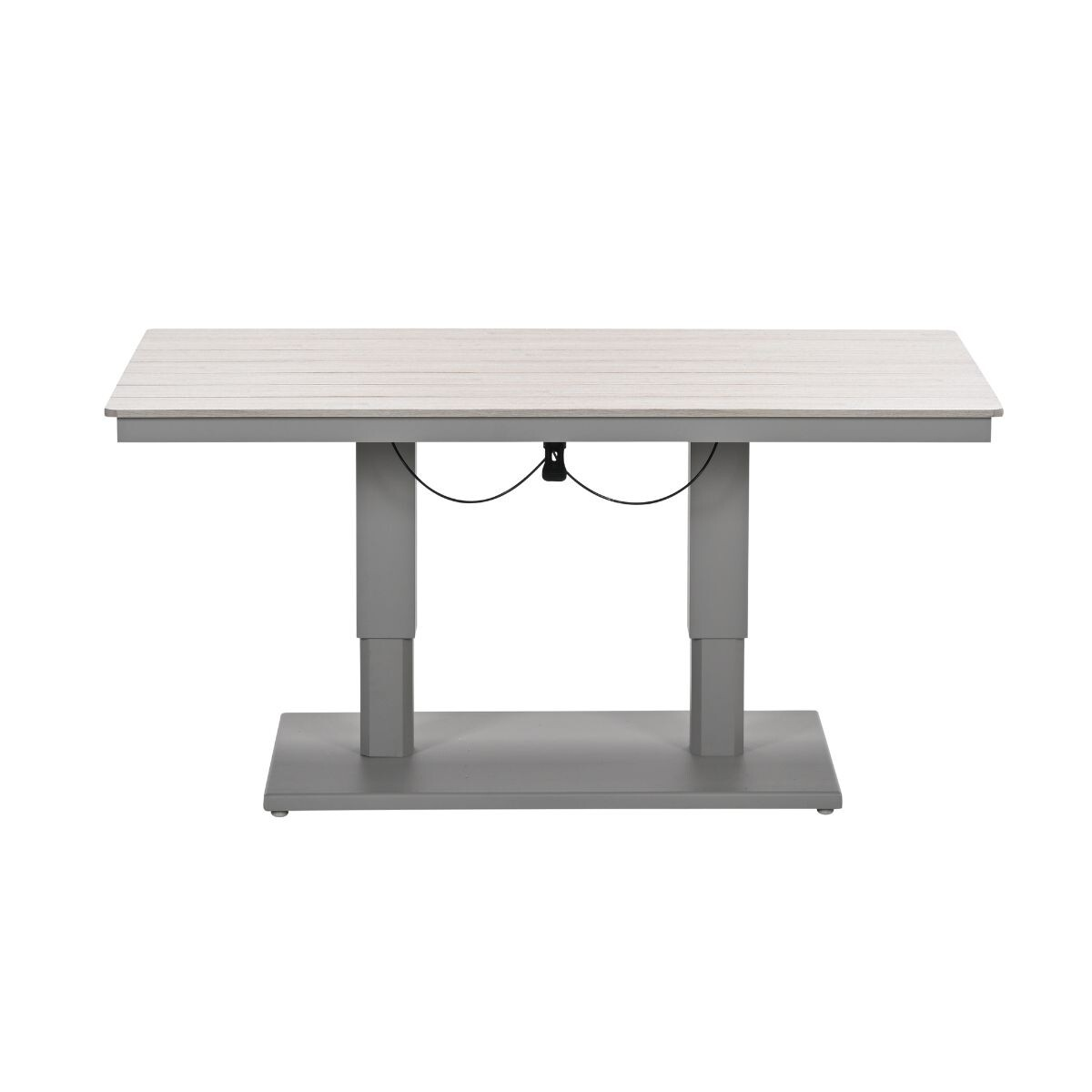A height-adjustable desk with grey legs and a light wood-effect top.
